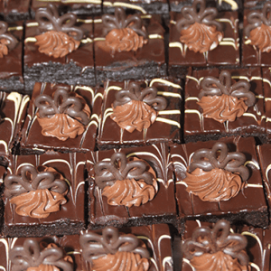 Rows of CO-001 Chocolate Decadence 1X1 Bites, each topped with swirls of chocolate frosting and decorative chocolate pieces, arranged closely together on a tray.