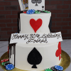 The TC-000i is a two-tiered birthday cake featuring playing cards, poker chips, and card suit symbols, with a “Happy 30th Birthday Joseph” sign. Presented on a gold platter against a brick wall backdrop.
