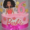 The CB-035B is a pink Barbie-themed birthday cake featuring a Barbie doll topper, gold stars, a large pink number 6, pink flowers, a ribbon bow, and "Barbie" written in bold letters on the side.