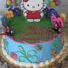 The SC-026 Hello Kitty cake features colorful flowers, butterflies, and a Hello Kitty topper. “Happy Birthday Zinnia Vuong” is written in pink icing. Multicolored balloon decorations appear in the background.
