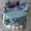A Frozen-themed birthday cake (SC-022 Frozen) features blue and white frosting, snowy trees, Olaf, Elsa and Anna toppers, and “Happy 3rd Birthday Emma” written in white icing.