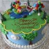 The SC-041 Winnie the Pooh cake features Winnie the Pooh and Tigger figures, colorful balloons, trees, a pond, and red “Happy 1st Birthday Yacine” icing. The sides are decorated with tree and cloud designs.