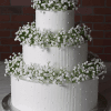Product WD-001G: Elegant three-tiered white wedding cake adorned with small white flowers and piped dots, presented on a silver cake board against a brick wall background.