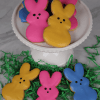 The CE-040K Easter features colorful bunny-shaped cookies with pink, yellow, and blue icing on a white cake stand, surrounded by more cookies and green shredded paper on a marble surface.