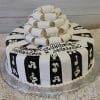 The BD-063 Ganache/Bow/Music notes cake features black and white vertical stripes, white musical notes, a large white bow on top, and a birthday message for Marlon and Harold on a white plaque.