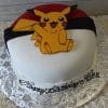 The CB-011Q is a round Poké Ball-themed cake topped with an icing Pikachu and a white plaque reading "Happy Birthday Alex" in cursive. It’s displayed on a silver floral-patterned board.
