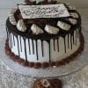The BD-021 is a round chocolate drip cake with white frosting, topped with chocolate-dipped strawberries, chocolate accents, and a white "Happy Birthday Ziema" plaque in cursive, presented on a decorative stand.