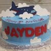 The CB-027A is a blue birthday cake with white clouds, a cartoon airplane topper, large red letters spelling "JAYDEN," and "Happy 1st Birthday" written in red icing.