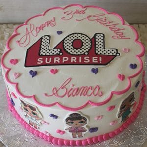 CB-009T is a round white cake with the LOL Surprise! logo, pink and purple hearts, “Happy 3rd Birthday Bianca” in pink, and LOL Surprise! doll images decorating the sides.