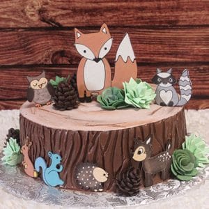 The BB-048 cake is designed like a tree stump with chocolate frosting, green succulent decorations, and edible woodland animal toppers—fox, raccoon, owl, squirrel, hedgehog, and deer—set against a wooden background.
